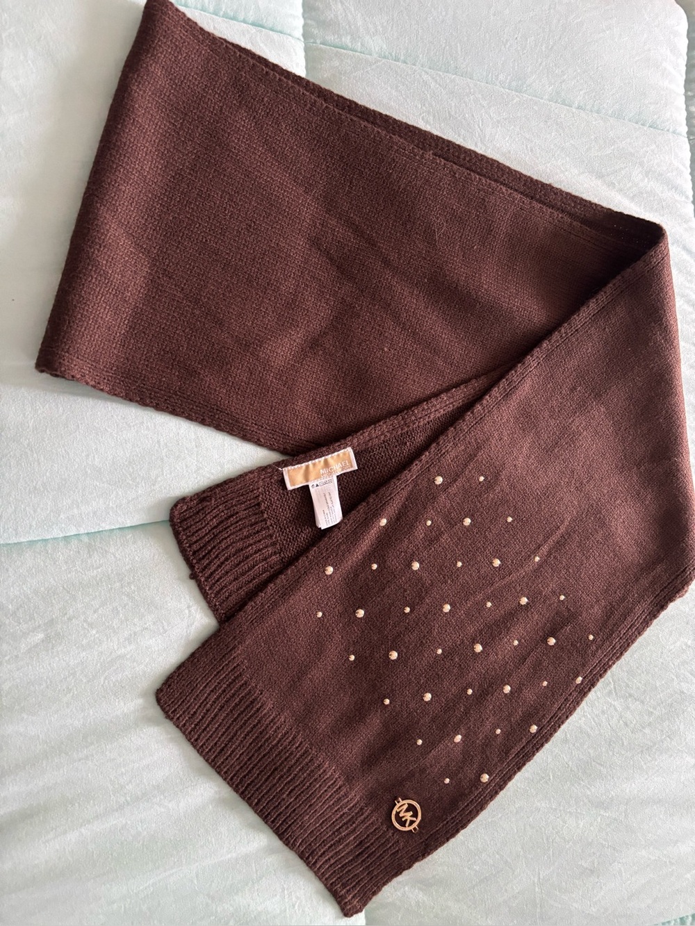 MICHAEL Kors Brown Knit Studded Scarf w/Gold MK Logo